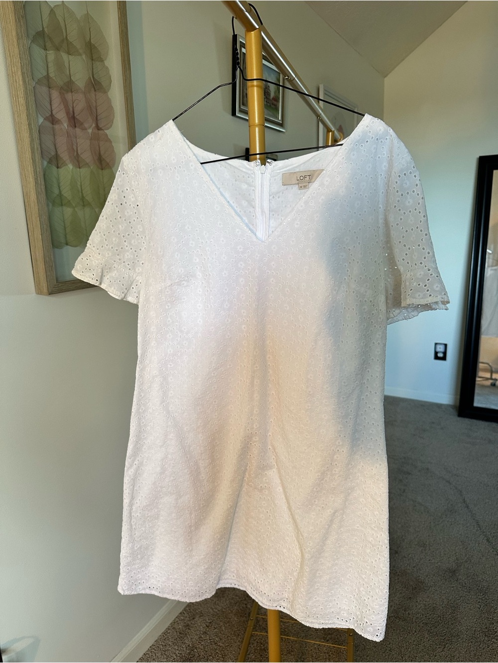 LOFT White Eyelet Short-Sleeve V-Neck Mini Dress - Size 10